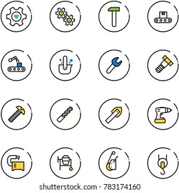 line vector icon set - heart gear vector, work, conveyor, casting of steel, wrench, bolt, screw, drill, tile, machine tool, cocncrete mixer, winch