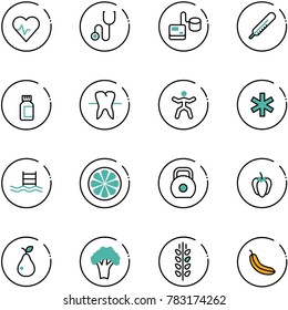 line vector icon set - heart pulse vector, stethoscope, tonometer, thermometer, pills bottle, tooth, gymnastics, ambulance star, pool, lemon slice, weight, sweet pepper, pear, broccoli, spica