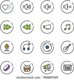 line vector icon set - heart beat vector, volume max, medium, off, fast forward, backward, loudspeaker, music, microphone, wireless headphones, cd, guitar, tambourine, drum, xylophone, toy piano