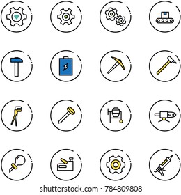 line vector icon set - heart gear vector, gears, conveyor, hammer, battery, axe, mason, plumber, nail, cocncrete mixer, pipe welding, oiler, stapler, gun sealant