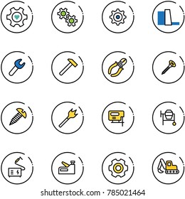 line vector icon set - heart gear vector, water power plant, wrench, hammer, side cutters, screw, wood drill, jig saw, cocncrete mixer, welding, stapler, excavator toy