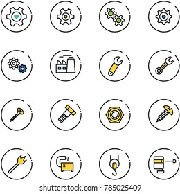 line vector icon set - heart gear vector, plant, wrench, screw, bolt, nut, wood drill, machine tool, winch, laser lever