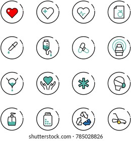 line vector icon set - heart vector, pulse, diet list, pipette, drop counter, pills, mri, bladder, care, ambulance star, medical mask, liquid soap, bottle, recycling, lawn mower