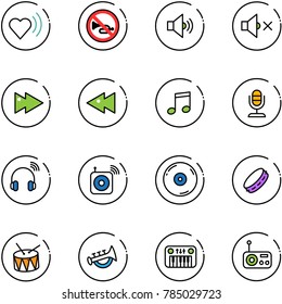 line vector icon set - heart beat vector, no horn road sign, volume medium, off, fast forward, backward, music, microphone, wireless headphones, speaker, cd, tambourine, drum, toy, piano, radio