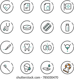 line vector icon set - heart pulse vector, patient card, diet list, first aid room, stethoscope, pill, pills blister, vial, scalpel, tooth, kidneys, bladder, brush, medical mask, drop hand, teethers