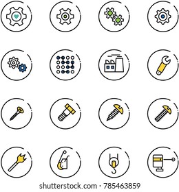 line vector icon set - heart gear vector, circuit, plant, wrench, screw, bolt, wood drill, winch, laser lever