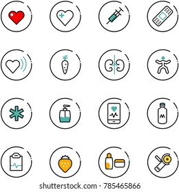 line vector icon set - heart vector, syringe, medical patch, beat, carrot, kidneys, gymnastics, ambulance star, liquid soap, mobile monitor, milk, pulse clipboard, strawberry, uv cream