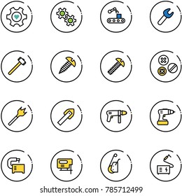 line vector icon set - heart gear vector, conveyor, wrench, sledgehammer, screw, rivet, wood drill, tile, machine, tool, jig saw, winch, welding