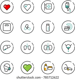 line vector icon set - heart vector, first aid room, drop counter, floor scales, pills, vial, mri, liver, lungs, kidneys, bladder, medical mask, uv cream, lawn mower