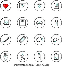 line vector icon set - heart vector, first aid kit, doctor bag, patient card, room, floor scales, pill, vial, scalpel, medical patch, lemon, liver, gymnastics, milk, pulse clipboard