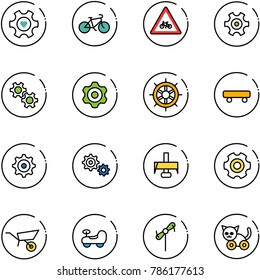 line vector icon set - heart gear vector, bike, road for moto sign, hand wheel, skateboard, milling cutter, wheelbarrow, baby car, toy windmill, cat
