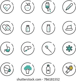line vector icon set - heart pulse vector, apple, drop counter, thermometer, diagnosis, pills bottle, vial, treadmill, stomach, liver, tooth brush, ambulance star, medical mask, broccoli, milk