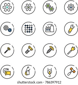 line vector icon set - heart gear vector, circuit, plant, wrench, screw, bolt, wood drill, machine tool, winch, toy hammer