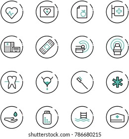 line vector icon set - heart pulse vector, first aid kit, diet list, room, hospital building, medical patch, mri, tooth, bladder, brush, ambulance star, drop hand, pills bottle, pool, doctor hat