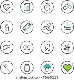 line vector icon set - heart pulse vector, diet list, apple, pills, bottle, medical patch, three leafs, hospital bed, liver, lungs, tooth, run, brush, broccoli