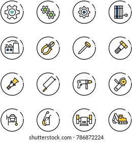 line vector icon set - heart gear vector, sun panel, plant, side cutters, nail, bolt, dowel, metal hacksaw, drill machine, Angular grinder, cocncrete mixer, winch, sharpening, excavator toy