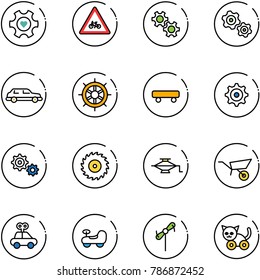line vector icon set - heart gear vector, road for moto sign, gears, limousine, hand wheel, skateboard, saw disk, jack, wheelbarrow, car toy, baby, windmill, cat