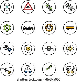 line vector icon set - heart gear vector, road for moto sign, gears, limousine, hand wheel, skateboard, saw disk, jack, wheelbarrow, car toy, windmill, cat
