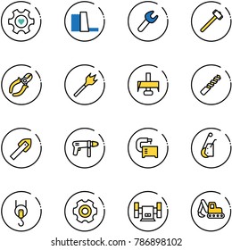 line vector icon set - heart gear vector, water power plant, wrench, sledgehammer, side cutters, wood drill, milling cutter, tile, machine, tool, winch, sharpening, excavator toy