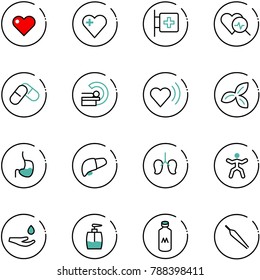 line vector icon set - heart vector, first aid room, diagnosis, pills, mri, beat, three leafs, stomach, liver, lungs, gymnastics, drop hand, liquid soap, milk, forceps