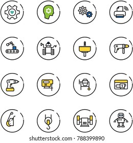 line vector icon set - heart gear vector, brain work, printer wireless, conveyor, robot, crown drill, machine, jig saw, cocncrete mixer, generator, winch, sharpening