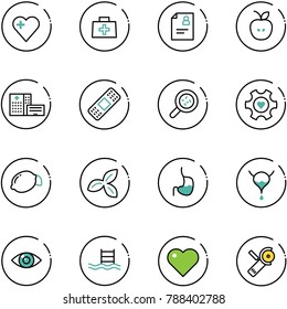line vector icon set - heart vector, doctor bag, patient card, apple, hospital building, medical patch, bacteria, gear, lemon, three leafs, stomach, bladder, eye, pool, Angular grinder