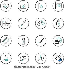line vector icon set - heart pulse vector, doctor bag, diet list, first aid room, hospital building, pipette, pills, drop counter, blister, vial, scalpel, mri, stomach, liver, lungs, recycling