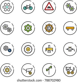 line vector icon set - heart gear vector, bike, road for moto sign, gears, hand wheel, skateboard, saw disk, milling cutter, jack, wheelbarrow, toy windmill, cat
