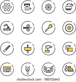 line vector icon set - heart gear vector, atm, printer wireless, conveyor, steel rolling, wood drill, saw disk, crown, machine tool, generator, winch, sharpening, excavator toy