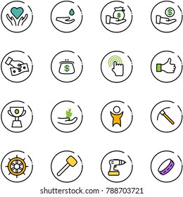 line vector icon set - heart care vector, drop hand, investment, cash pay, purse, cursor, like, cup, sproute, success, rock axe, wheel, rubber hammer, drill, tambourine