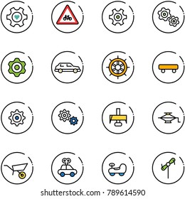 line vector icon set - heart gear vector, road for moto sign, gears, limousine, hand wheel, skateboard, milling cutter, jack, wheelbarrow, car toy, baby, windmill