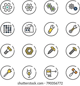 line vector icon set - heart gear vector, circuit, plant, wrench, bolt, nut, screw, wood drill, winch, laser lever, toy hammer