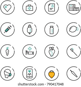 line vector icon set - heart vector, doctor bag, patient card, hospital building, syringe, drop counter, vial, lemon, carrot, bed, tooth brush, medical mask, mobile monitor, strawberry, forceps