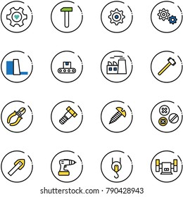 line vector icon set - heart gear vector, work, water power plant, conveyor, sledgehammer, side cutters, bolt, screw, rivet, tile drill, winch, sharpening
