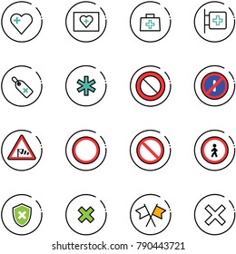 line vector icon set - heart vector, first aid kit, doctor bag, room, medical label, ambulance star, prohibition road sign, no parkin odd, side wind, pedestrian, shield cross, delete, flags