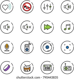 line vector icon set - heart beat vector, no horn road sign, settings, volume medium, low, off, fast forward, music, microphone, player, cd, record button, tambourine, drum, toy piano, radio
