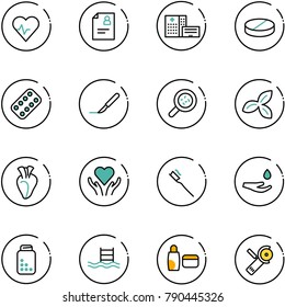 line vector icon set - heart pulse vector, patient card, hospital building, pill, pills blister, scalpel, bacteria, three leafs, care, tooth brush, drop hand, bottle, pool, uv cream, Angular grinder