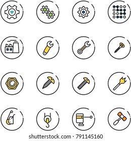 line vector icon set - heart gear vector, circuit, plant, wrench, screw, nut, wood drill, winch, laser lever, toy hammer