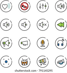 line vector icon set - heart beat vector, no horn road sign, settings, volume max, medium, low, off, fast backward, loudspeaker, microphone, wireless headphones, record button, drum, xylophone, toy