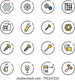 line vector icon set - heart gear vector, circuit, plant, wrench, screw, nut, wood drill, machine tool, winch, laser lever, toy hammer