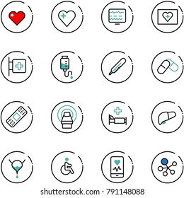 line vector icon set - heart vector, diagnostic monitor, first aid kit, room, drop counter, thermometer, pills, medical patch, mri, hospital bed, liver, bladder, disabled, mobile, molecule