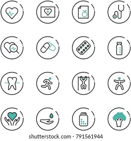line vector icon set - heart pulse vector, first aid kit, diet list, stethoscope, diagnosis, pills, blister, vial, tooth, run, pull ups, gymnastics, care, drop hand, bottle, broccoli