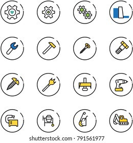 line vector icon set - heart gear vector, water power plant, wrench, hammer, screw, bolt, wood drill, milling cutter, machine tool, cocncrete mixer, winch, excavator toy