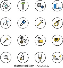 line vector icon set - heart gear vector, work, water power plant, casting of steel, wrench, sledgehammer, side cutters, screw, rivet, machine tool, jig saw, cocncrete mixer, winch, sharpening