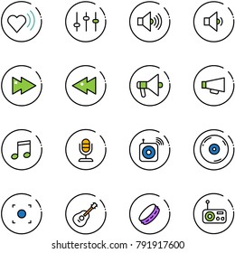 line vector icon set - heart beat vector, settings, volume max, low, fast forward, backward, loudspeaker, music, microphone, wireless speaker, cd, record button, guitar, tambourine, radio