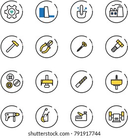 line vector icon set - heart gear vector, water power plant, casting of steel, hammer, side cutters, screw, bolt, rivet, milling cutter, drill, crown, machine, winch, stapler, sharpening