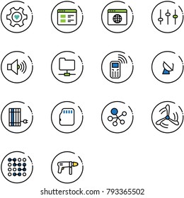 line vector icon set - heart gear vector, website, browser globe, settings, volume max, network folder, mobile phone, satellite antenna, sun panel, micro flash card, molecule, wind mill, circuit