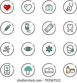 line vector icon set - heart vector, doctor bag, stethoscope, syringe, drop counter, medical patch, tooth, run, eye, ambulance star, mask, mobile monitor, broccoli, hat, uv cream