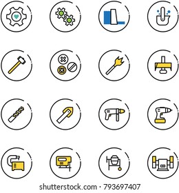 line vector icon set - heart gear vector, water power plant, casting of steel, sledgehammer, rivet, wood drill, milling cutter, tile, machine, tool, jig saw, cocncrete mixer, sharpening
