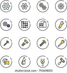 line vector icon set - heart gear vector, circuit, plant, wrench, screw, bolt, wood drill, machine tool, winch, toy hammer